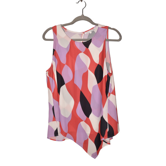 ANNIE GRIFFIN $187 Geometric Print Back‎ Keyhole Asymmetric Hem Top Large - Picture 1 of 3